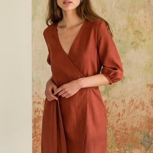 Terracotta dress - Linen wrap dress - Deep v neck linen dress with belt - Summer dress - Soft linen dress with pockets - ANNA wrap dress