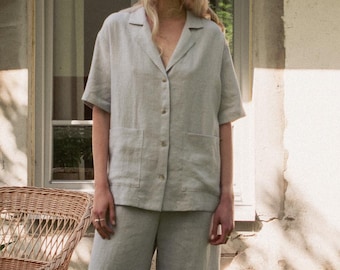 Women pajama set, Linen loungewear, Shirt and pants for summer, Grey pajamas, Sleepwear - ALEXIS short sleeve shirt and RUTH wide pants