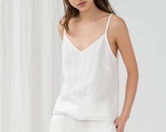 White cami top for women, Linen sleeveless V neck blouse, Basic slip top, Strappy tank top, Summer spaghetti strap camisole top - TILDA