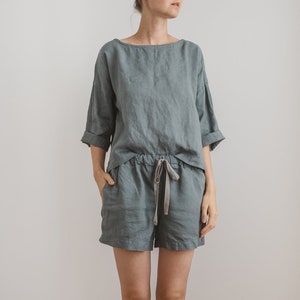 Grey linen pajama set, Drop shoulder blouse, Linen pajamas, Linen sleepwear set, Linen shorts, Pajama short set - CHLOE top and ELLA shorts