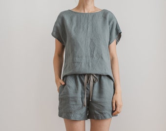 Women's linen sleepwear - Linen pajama set - Sleepwear set - Linen pyjamas - Linen blouse - Linen shorts - AUDREY top ELLA shorts