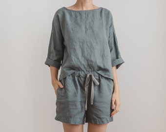 Linen kimono blouse/ Drop shoulder blouse/ Linen pajamas/ Linen sleepwear set/ Linen shorts/ Pajama short set/ CHLOE top and ELLA shorts