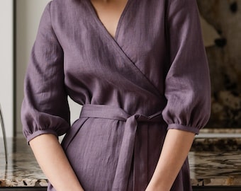 Vestido de invitada, Vestido cruzado de verano para mujer, Vestido midi de lino, Vestido de mujer con mangas, Vestido lavanda con cinturón y bolsillo - Vestido cruzado ANNA