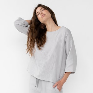 Ready to Ship - Grey corganic cotton blouse for women with 3/4 sleeves size S - Loose cotton gauze top - CHLOE top