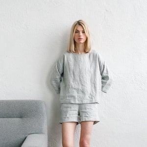 Linen kimono blouse / Drop shoulder blouse / Linen pajamas / Linen sleepwear set / Linen shorts/ Linen summer top/ CHLOE top and ELLA shorts image 1