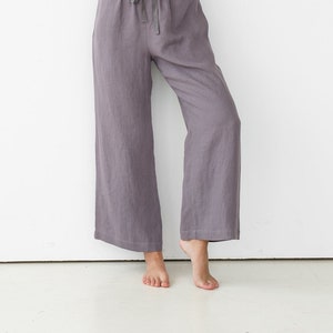 Loose linen trousers for women - Lavender wide leg linen pants with elastic waistband - RUTH