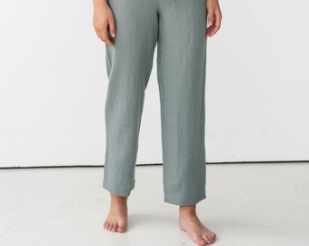 Linen trousers for women - Casual tapered summer pants in greenish grey - Linen clothing - EVA