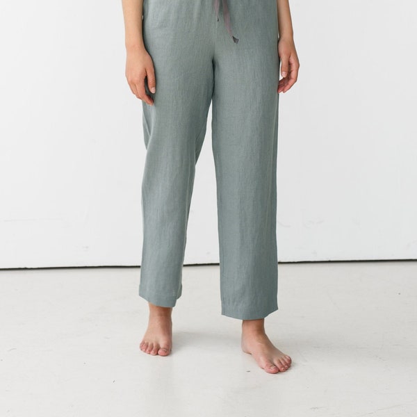 Pantaloni di lino da donna - Pantaloni estivi casual affusolati in grigio verdastro - Abbigliamento di lino - EVA