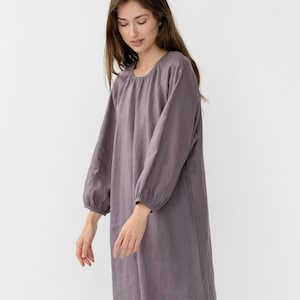 Vestido holgado de lino lavanda talla M - Mangas raglán - Vestido romántico de verano para mujer - Mangas abullonadas - Vestido MAIA