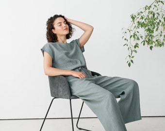 Wide leg pants linen - Linen pyjamas - Linen sleepwear - Kimono top - Linen culottes - High waisted pants - AUDREY top and RUTH wide pants