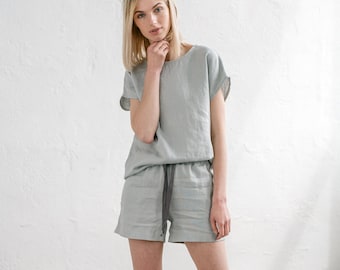 Ensemble pyjama en lin - Vêtements de nuit en lin - Vêtements de nuit pour femme - Short en lin gris glacier - Chemisier en lin doux - Ensemble de détente - Haut AUDREY et short ELLA