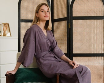 Linen robe for women - Lavender kimono robe - Bathrobe with pockets - Midi linen dressing gown - PETRA robe