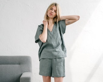 Oversized Leinen Top / Lose Leinen Bluse / Leinen Pyjama Set / Leinen V-Ausschnitt Bluse / Leinen Shorts / Frau Pjs / ELSA V-Ausschnitt Top und ELLA Shorts