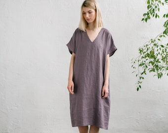 Linnen jurk met V-hals - Zachte linnen jurk - Lavendel kaftanjurk - Losse jurk - Oversized tuniek - Linnen jurk met zakken - ELSA jurk met v-hals