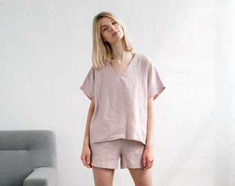 Linen pajama set / Sleepwear set / Linen pyjamas/ Linen v neck blouse / Oversized top / Linen sleep shorts / ELSA v neck top and ELLA shorts