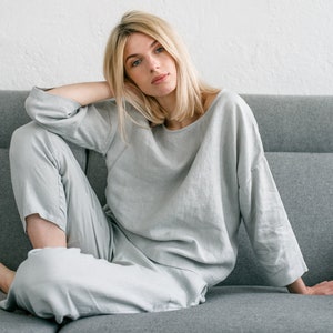 Long sleeve pajama set / Linen sleepwear / Linen kimono top / Linen pants / Linen oversized top / Linen pyjamas / CHLOE top and EVA pants