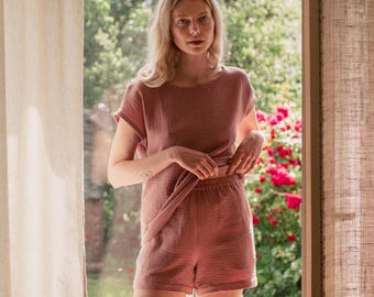 Gauze pajama set for women, Short muslin pajamas in ash rose, Organic cotton pj set, Summer loungewear, Sleepwear - AUDREY top ELLA shorts