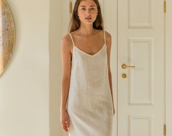 White linen dress - Women slip dress midi - Linen sleep dress - Bride nightie - Camisole with adjustable straps - TILDA long cami dress