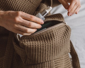 Handmade Cosmetic Bag, Large Travel Toiletry Bag, Waffle Makeup