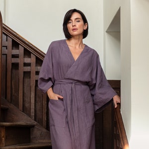 Linen kimono robe for women Lavender bathrobe with pockets Oversized wide sleeve robe Japanese style dressing gown PETRA robe image 1