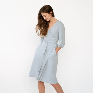 Linen wrap dress - Light blue midi wrap dress - Linen dress with belt and pockets - Summer dress - Soft linen sundress - ANNA wrap dress