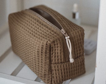 Borsa per il trucco waffle, borsa da toilette appesa, custodia da viaggio verde muschio, custodia per cosmetici in cotone, organizzatore di articoli da toeletta compatto, kit Drop, borsa per la toelettatura