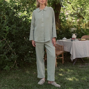 Linen shirt and trousers set for women, Mint green two piece matching suit, Relaxed loungewear, Resort co-ord - Ida shirt, Eva pants