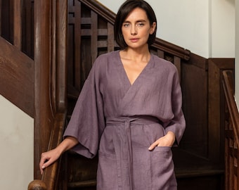 Linen robe for women - Lavender robe - Linen bathrobe with pockets - Wide sleeve robe - Oversized kimono robe - Dressing gown - PETRA robe