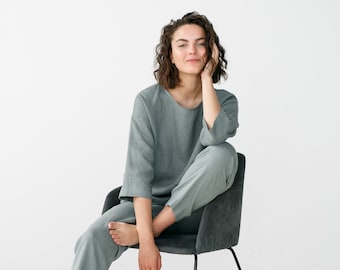 Linen pajama set, Grey sleepwear for women,  Long sleeve pajamas, Loose linen loungewear, Long pajama set - CHLOE top and EVA pants