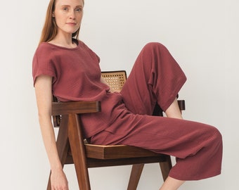 Pyjama's voor dames - Nachtkleding van biologisch katoen - Bijpassende loungekleding - Tweedelige set van lichtgewicht gaas - AUDREY top en RUTH wijde broek