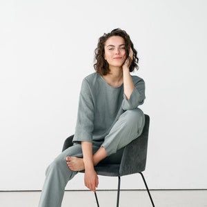 Linen pajama set / Linen sleepwear / Long sleeve pajamas / Linen kimono top/ Loose linen blouse/ Oversized linen top/CHLOE top and EVA pants image 1