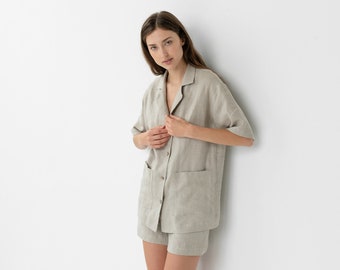 Natural pajamas - Women's linen sleepwear - Linen shirt with buttons - Linen summer set - Lounge - ALEXIS short sleeve shirt and ELLA shorts