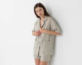 VENTE - Chemise en lin naturel taille S - Chemise en lin pour femme avec boutons - Chemise d'été en lin - Chemisier col V - Chemise à manches courtes ALEXIS