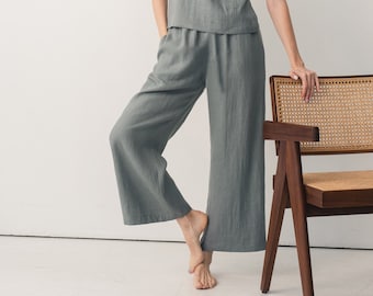 Wide linen pants for women - Loose mid rise trousers in grey - Customized pants with elastic waist - Summer bottom - Linen clothing - RUTH