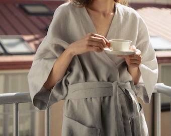 Linen kimono robe for women, Midi bridal gown, Luxury dressing gown, Boho bridesmaid robes, Light grey bathrobe gift girlfriend - PETRA robe
