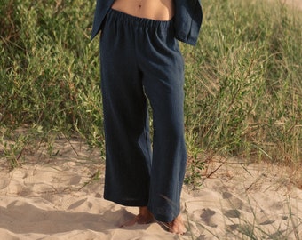 Wide leg linen pants for women -  Flowy mid rise trousers - Sraight pants with elastic waist - Navy summer bottom - Linen clothing - RUTH