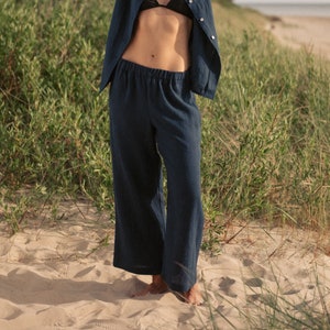 Wide leg linen pants for women Flowy mid rise trousers Sraight pants with elastic waist Navy summer bottom Linen clothing RUTH image 1