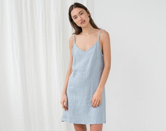 Linen slip dress - V neck linen dress - Light blue dress - Linen strap dress - Short linen dress - Linen nightgown - TILDA cami dress