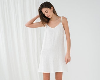 Prêt-à-partir - Robe nuisette en lin taille L - Robe blanche à bretelles en lin - Mini chemise de nuit - Nuisette en lin - Sous-robe - Robe camisole TILDA