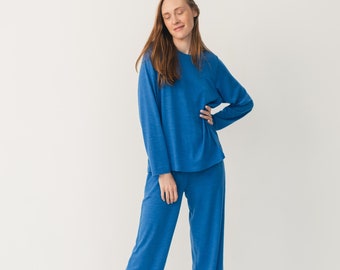 100% merino wool pajamas for women - Blue thermal two-piece pajama set - Sustainable wool sleepwear - GRETA top and EVA pants