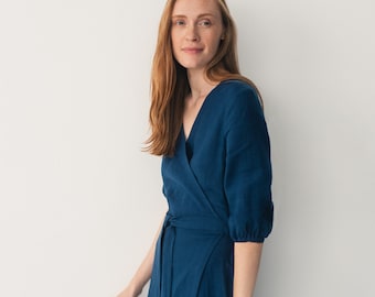 Robe portefeuille en lin à col en V pour femme - Robe bleu marine midi avec ceinture et poche - Robe d'été en lin - Robe portefeuille ANNA