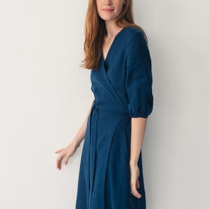 V neck linen wrap dress for women - Midi navy blue dress with belt and pocket - Linen summer dress - ANNA wrap dress