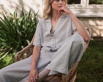 Women linen set, Linen shirt and pants for summer, Vacation suit, Loose fit grey pajama set - ALEXIS short sleeve shirt and RUTH wide pants