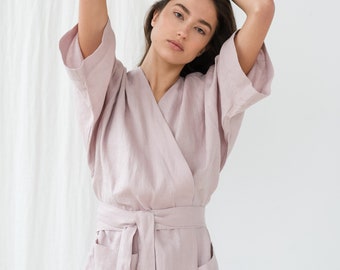 Linen robe with pocket - Oversized kimono jacket - Pink bathrobe women - Linen spa robe - Dressing gown - Linen robe dress - PETRA robe