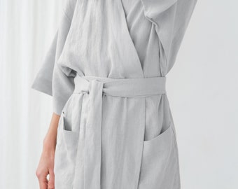 Ice grey kimono robe - Linen robe dress - Linen loungewear - Linen bath robe with pockets - Linen midi robe - Bridesmaid robes - PETRA robe