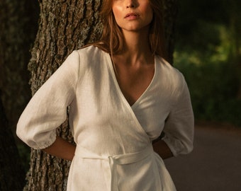 White linen wrap dress for women - Knee high V neck dress with sleeves - Custom midi summer dress with belt and pocket - ANNA wrap dress