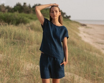 Linen pajama set women - Navy blue loungewear - Summer sleepwear - Matching customizable PJs - Two piece co-ord - AUDREY top ELLA shorts