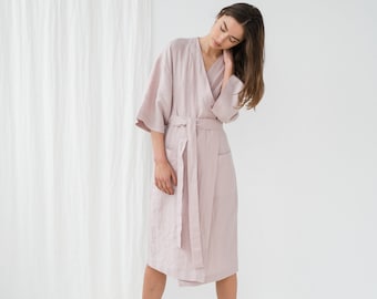 Dusty pink linen bathrobe with pocket - Linen kimono robe - Linen spa robe - Dressing gown - Linen long robe - Morning gown - PETRA robe