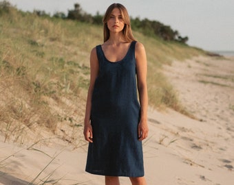 Linen sleeveless summer dress - Midi tank dress for women -  Loose straight dress with pockets - Navy beach dress - UMA sleeveless dress