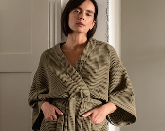 Cotton waffle robe for women - Warm bathrobe - Kimono spa robe with pockets - Absorbent towel robe midi - Oversized robe - PETRA robe